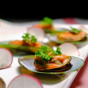 Close-up of seafood served in plate on table