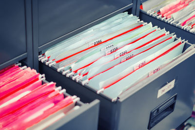 Close-up of files in cabinet