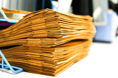 Close-up of stack of books on table