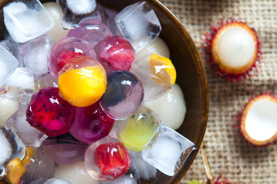 Close-up of fruit jelly in bowl on table