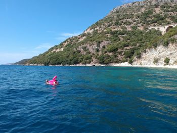 Scenic view of sea against blue sky