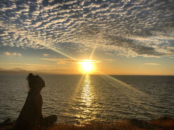 Silhouette person looking at sea against sky during sunset