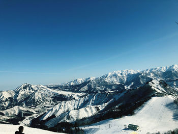 Scenic view of snowcapped mountains against clear blue sky