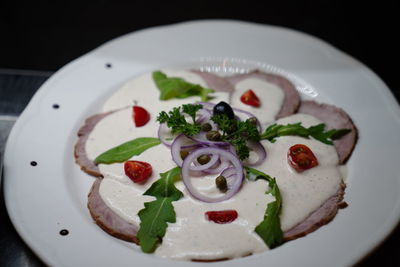 High angle view of salad in plate on table