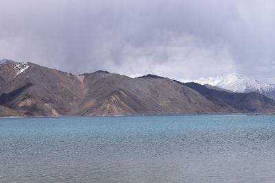 Scenic view of lake by mountains against sky