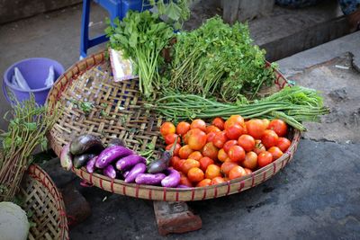 High angle view of fresh fruits in basket