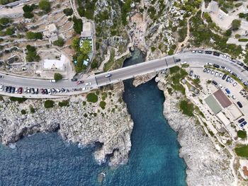 Top view of a scenic beach called il ciolo where usually people dive off from the bridge to the sea