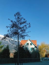 House by tree against clear sky