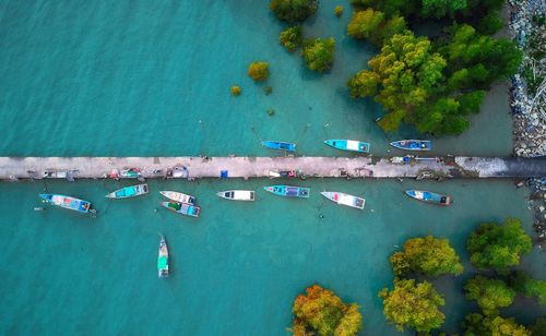 High angle view of boats in sea