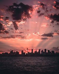 Scenic view of cityscape against sky at sunset