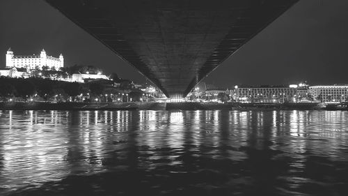 Illuminated bridge over river in city against sky at night