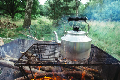 High angle view of barbecue grill