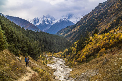 Rear view of man on snowcapped mountains against sky