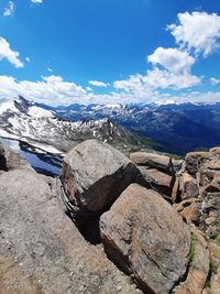 Scenic view of snowcapped mountains against blue sky