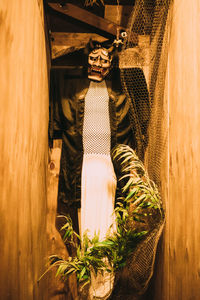 High angle view of people standing on wood