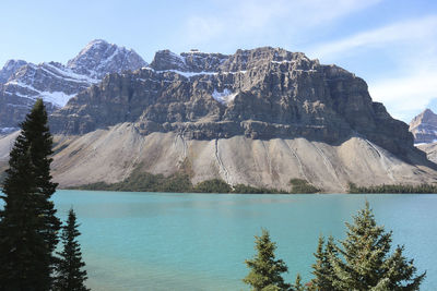 Scenic view of lake by mountain against sky