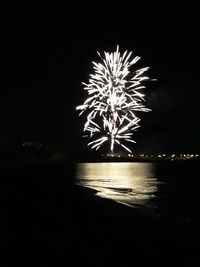 Firework display over sea against sky at night