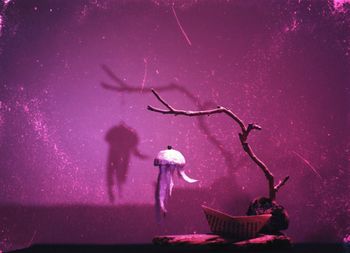 High angle view of pink flowers in basket at night