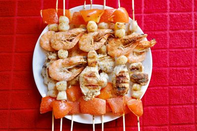 High angle view of dessert in plate on table