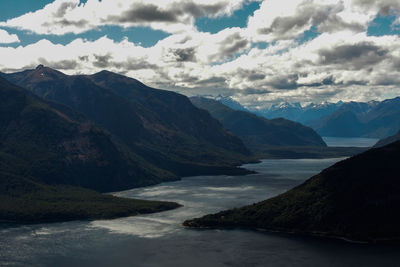 Scenic view of sea and mountains against sky