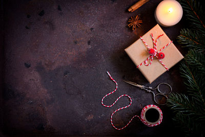 Directly above shot of christmas decorations on table