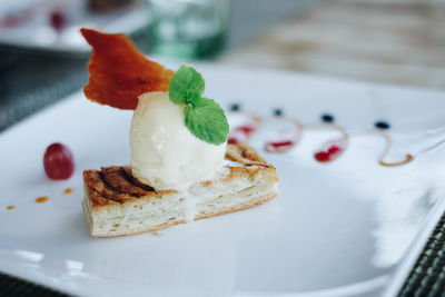 Close-up of cake in plate on table