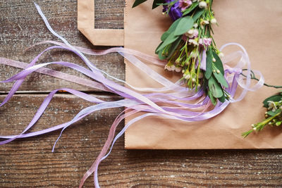 High angle view of purple flowering plant on table