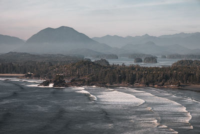 Scenic view of sea and mountains against sky