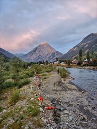 Scenic view of habba khatoon peak against sky in neelum valley gurez