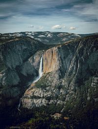 Scenic view of yosemite falls against sky