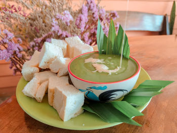 Close-up of dessert served on table