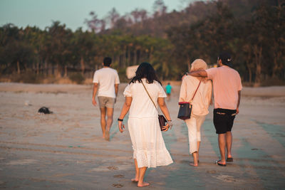 Rear view of a mixed group of young people walking on the beach during sunset