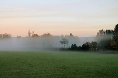 Scenic view of landscape against sky during foggy weather