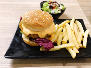 Close-up of burger on table