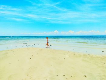 Rear view of man standing on beach against sky