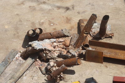 High angle view of rusty machine part