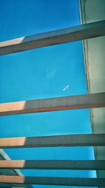 Low angle view of airplane flying against blue sky