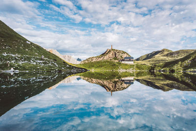 Scenic view of lake by buildings against sky