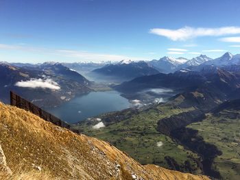 Scenic view of lake thun and mountains against sky