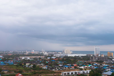 High angle view of buildings against sky