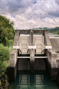 Exterior of building by river against sky