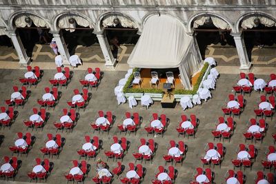 High angle view of people at temple