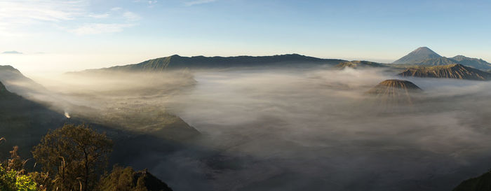 Aerial view of volcanic landscape against sky