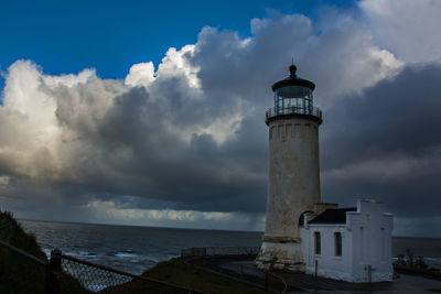 Lighthouse by sea against sky