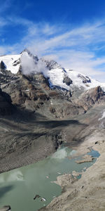 Aerial view of snowcapped mountains against sky