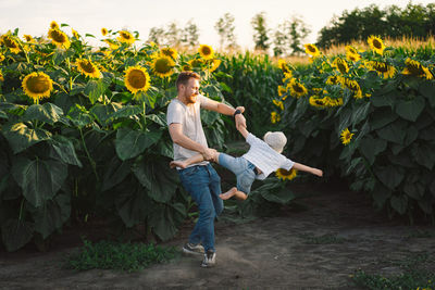 Father with little baby son in sunflowers field 