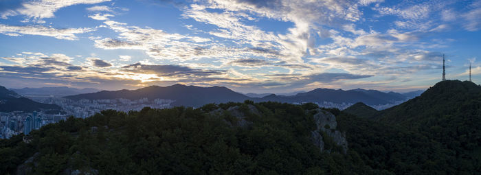 Panoramic view of mountains against sky during sunset