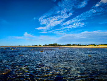 Scenic view of lake against blue sky
