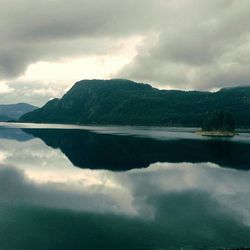 Calm lake with mountains in background