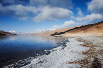 Scenic view of lake against cloudy sky